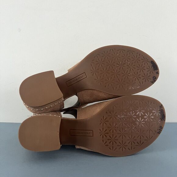 Chelsea & Violet Hendricks Suede Tan Peep Toe Cut Out Heel Shooties - Picture 8 of 8